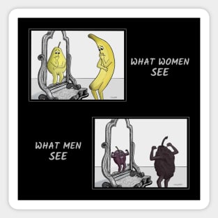 Body Image - What Women Versus Men See in the Mirror illustrated with fruit cartoons Sticker